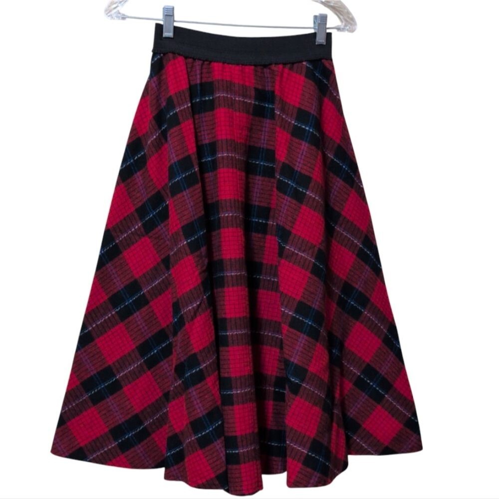 Vintage Women's High Elastic Waist Tartan Midi Skirt Red Black Plaid size 7/8